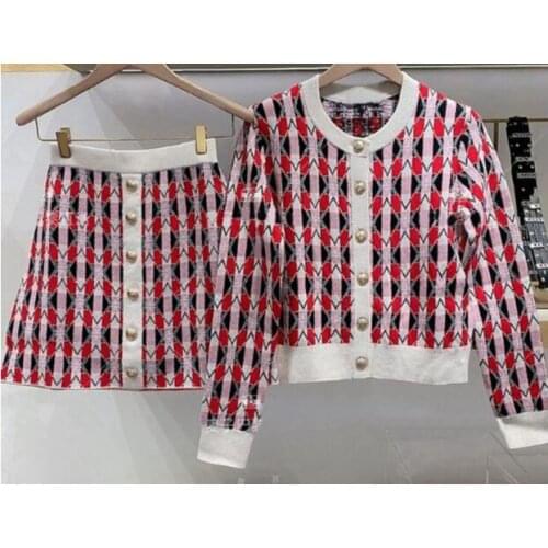 Elegant Dobby Autumn Winter 2 Pieces Set Cardigan Pearls Button Women+knitted Skirt a Line Mini Sweater