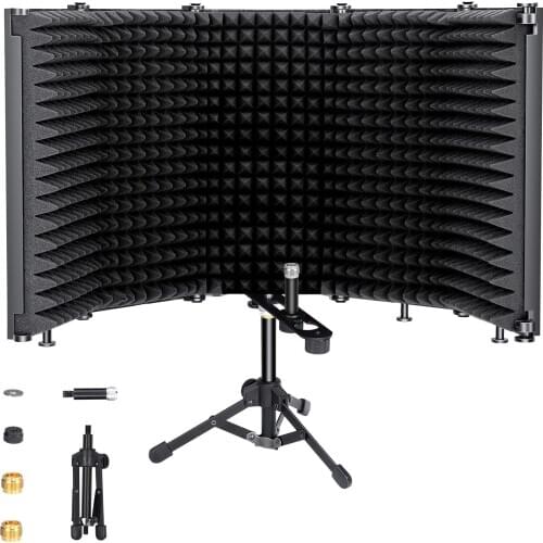 Microphone Isolation Shield with Tripod Stand, Foldable With 3/8" and 5/8" Mic Threaded Mount,Mic Sound Absorbing Foam Equipmen
