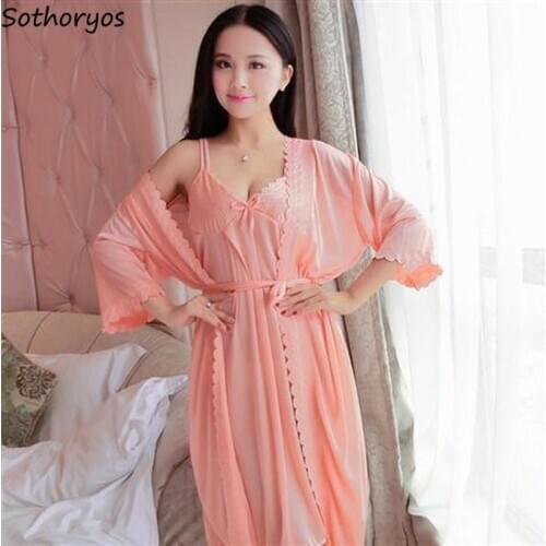 Women Robe Gown Sets 2 Pcs Oversize 3XL Sleepwear Iced-silk Cozy Breathable Home Nightdress Lace Solid Simple Elegant Trendy New