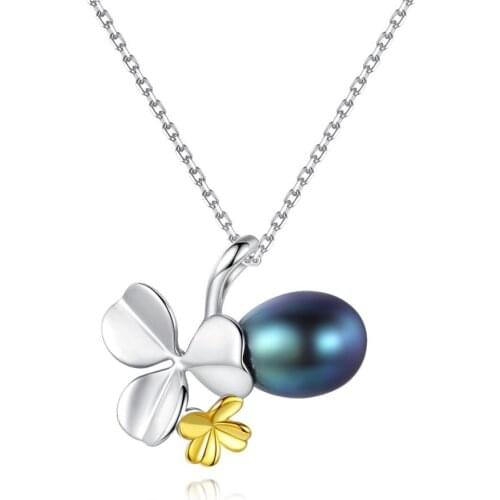 Trendy Freshwater black Pearl Pendant Necklace For Women Gift Sterling 925 Silver flower Pearl Necklace Jewelry Party