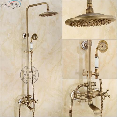 Bathroom Retro antique copper Brass Bathtub Shower Set Wall Mounted 8" Rainfall Shower Mixer Tap Faucet 3-functions Mixer Valve