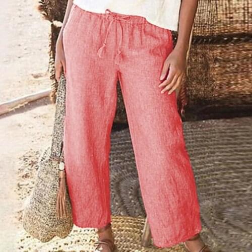 2021 Womens Pants Casual Solid Color Cotton Linen Cropped Trousers Straight Pants High Waist With Belt Wide Leg Pants Trousers