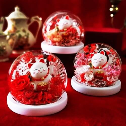 2021 New Year Valentines Day Christmas Gift Preserved Flower Glass Dome With Light Gift Lucky Cat For Opening Holiday Presents