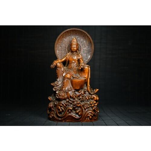 7" China Lucky Seikos Boxwood Backlight Guanyin Bodhisattva Statue Sitting Buddha Avalokitesvara Enshrine the Buddha