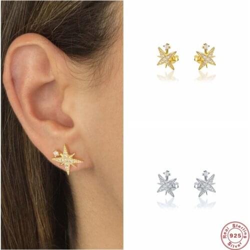 GS 925 Sterling Silver Star Stud Earrings Korean Shiny Zircon Rhinestone Pentagram Earring For Women Brincos Boucle D'oreille
