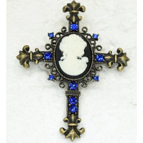 Antique Bronze Blue Rhinestone Pins Cross brooches Pendant C912 B4