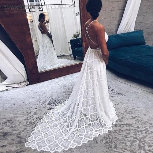 Bohemian Lace Wedding Dresses Cross Back A Line Bridal Gowns Unique Lace Dreamy Noivas DW375