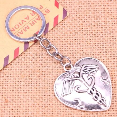 20pcs New Fashion Keychain 42*40 mm heart caduceus medicine symbold Pendants DIY Men Jewelry Car Key Chain Souvenir For Gift