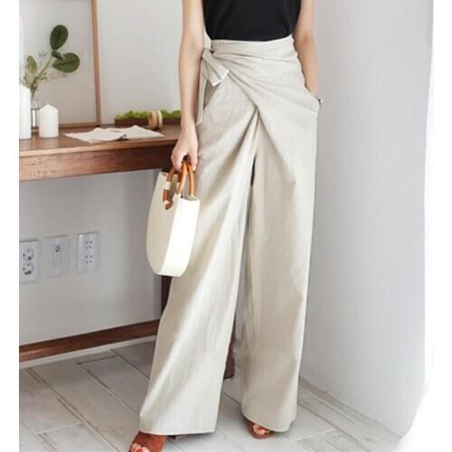 Korean Bow Wide Leg lace up Womens Pants High Waist Pockets Casual Loose Female Trousers 2020 New Spring Solid Ladies Trouser