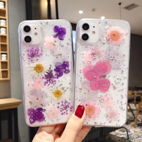 Dried Real Flower Handmade Gold leaf Phone Cover For iPhone 11 12 Pro Max X XS Max XR 6 6S 7 8 Plus Cases Soft TPU Back Cover
