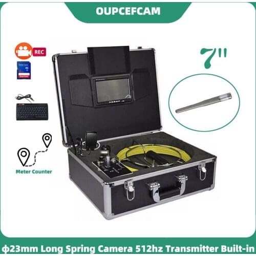 Φ23mm Long Spring Camera 512hz Transmitter Drain Sewer Pipe Inspection Endoscope 7" Screen DVR Keyboard Meter Counter 5mm Cable