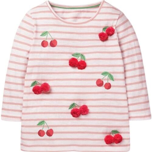 Kids 2021 Autumn Brand Clothes Children Pink Striped Fruit Applique T Shirt Fall Clothes for Toddler Girls 2-7 Years 52072