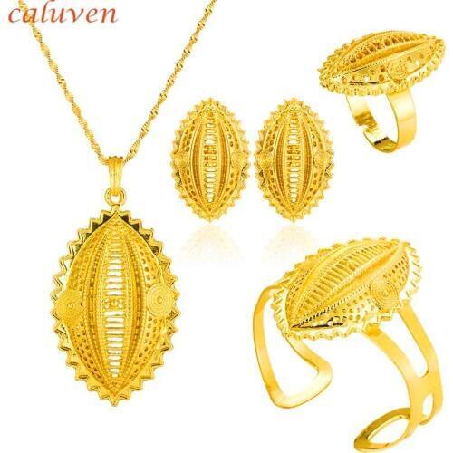 Ethiopian Wedding Jewelry Set Pendant Rope/Earring/Ring Gold Color African Eritrea Habesha Design for Women Gift