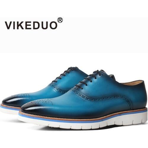 VIKEDUO Blue Brogue Sneakers For Men Summer New Leather Shoes Men Patina Casual Mans Footwear Wedding Driving Shoes Designer