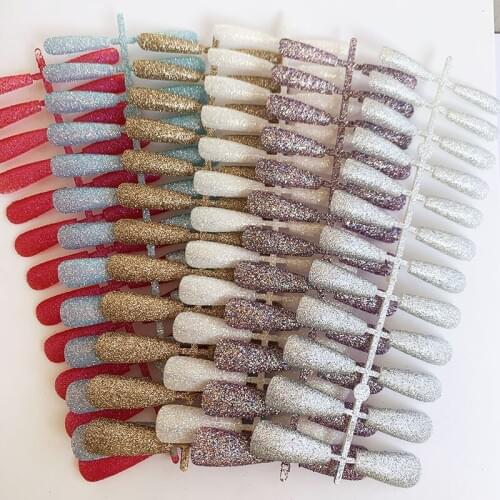 24Pcs Long T Shape Fake Nails Glitter Nails Tops Stripes Flash Powder Manicures Fake Nails