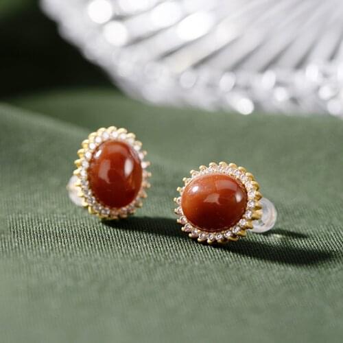 Natural 925 sterling silver gilded inlaid southern red agate earrings jewelry simple individuality for women
