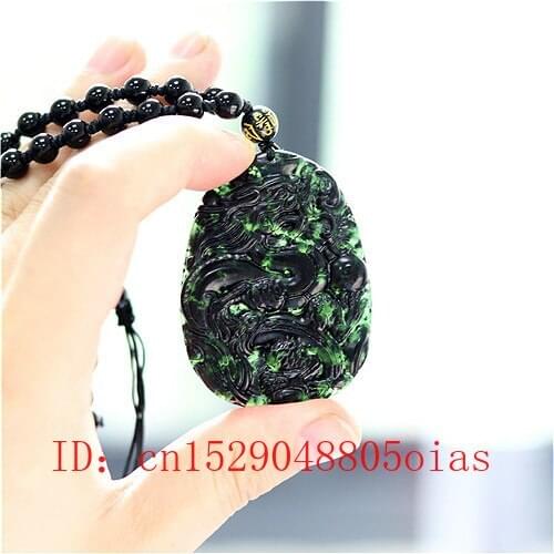 Natural Black Green Jade Chinese Dragon Pendant Beads Necklace Charm Jewelry Fashion Accessories Carved Amulet Gifts for Men Her