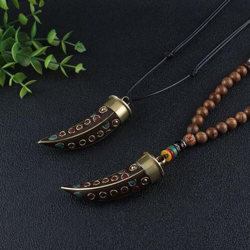 Retro Nepalese Hand-made Ox Horn Wooden Bead Necklace, Male Buddha Beads Accessories, Female Long Wool Chaine Fashion Cool