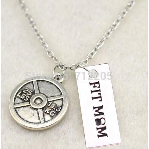 Fitness Weightlifting jewelry Vintage Circle 25LBS 11.3KG Weight Plate and FIT MOM Kettle bell Gym necklace