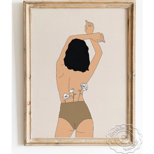 Female Bare Back Poster, Woman Wearing Panties Canvas Painting, Girl Raise Hands Up Wall Stickers, Flowers Art Prints Home Decor