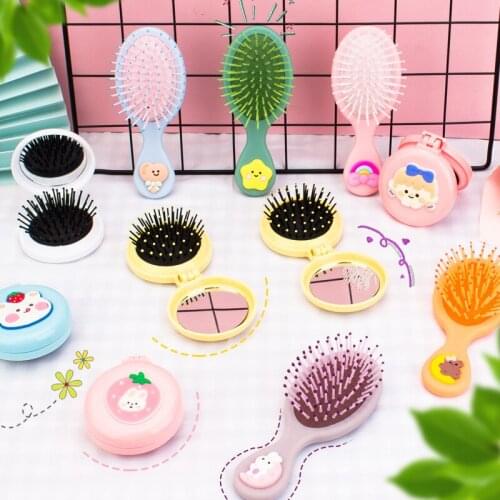 Cute Girl Heart Folding Airbag Comb Cartoon Portable Plastic Air Cushion Head Massage Comb With Makeup Mirror