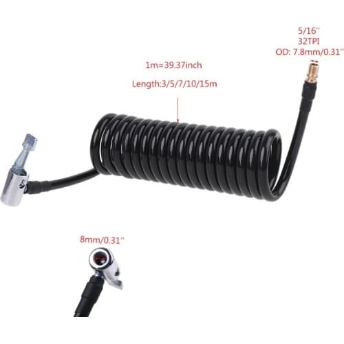 3/5/7/10/15m Recoil Flexible Air Hose Compressor Tire Inflatable Tube with Lock-on Air Chuck & 0.305"x32TPI Fine Thread