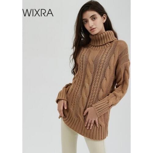 Wixra New Chunky Turtleneck Sweater Women Autumn Winter Solid Hollow Out Knitted Pullover Jumpers Loose Tops