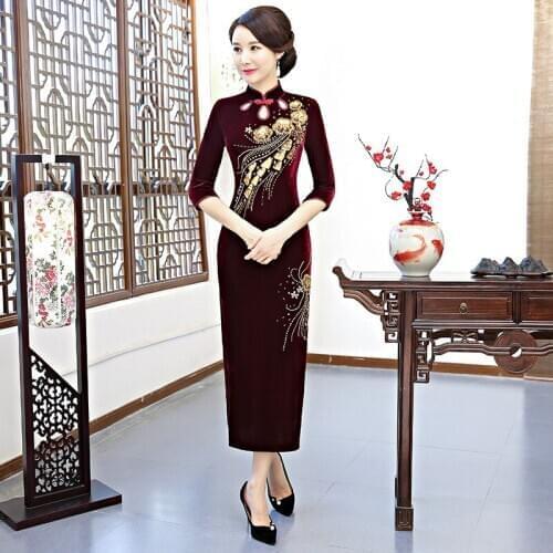 ChineseTraditional Dress Qipao for Women Cheongsam Modern Handmade beaded long retro cheongsam for Mother of the Brides Dress