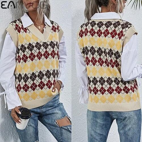 2021 Spring Womens Warm Vest Knitted Tops Women Knit Sleeveless V-Neck Sweater Vest Female Apricot Pullover Sweater Women Vest