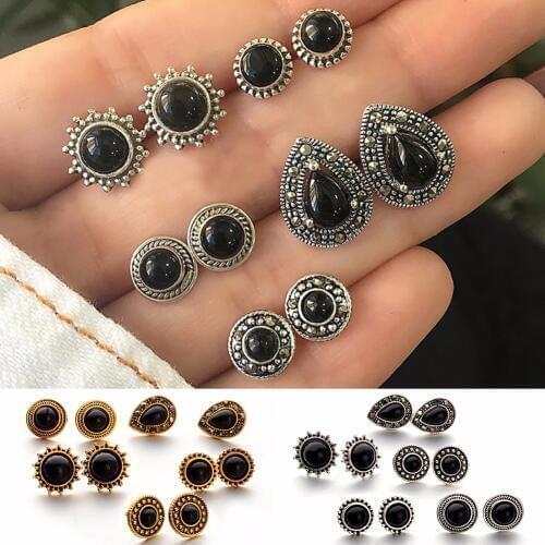 5 Pairs/Set Vintage Black Gems Waterdrop Flower Shaped Crystal Earrings Fashion Jewelry Womens Ear Stud #258441