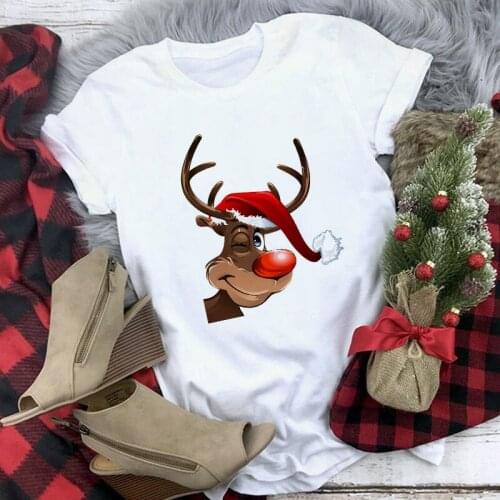 Women Cute Reindeer Deer T Shirt Women Fashion Christmas Harajuku Short Sleeve T Shirt White Tshirt Tops Clothing,Drop Ship