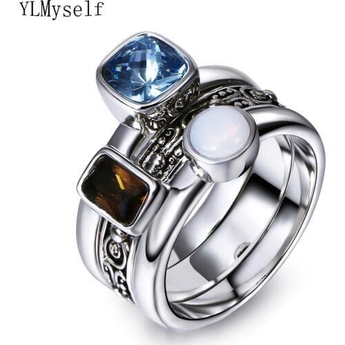 Fashion Ring 3pcs sets Opal stone Blue Brown Cubic Zirconia Crystal Statement Finger Ring for Women Jewelry