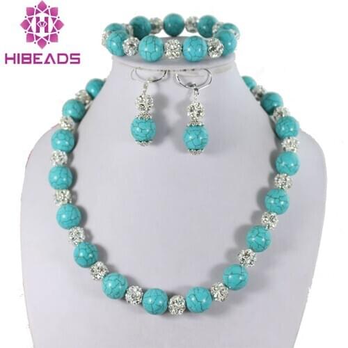 14mm Stone Beads Necklace/Bracelet/Earring Set Dotted With New Rhinestone Findings TN077