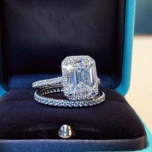 2 Pcs/Set Luxury Designer Square Zircon Wedding Rings For Women Trendy Silver Color Female Bride Jewelry Engagement Party Gifts