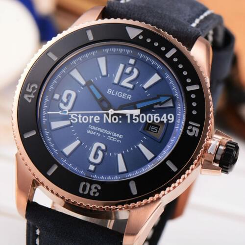 43mm Bliger blue dial Golden watchcase automatic Mechanical mens Watch Wristwatches 1928