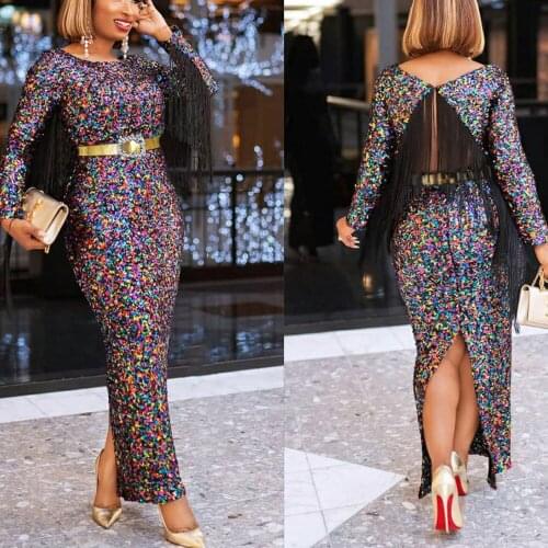 African Clothes Christmas Multicolor Sequins Maxi Dress Africa Clothing Bodycon Bandage O Neck Tassels Party Dress New Autumn