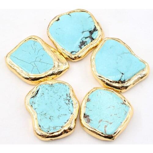 APDGG Wholesale 5PCS Blue Turquoise Nugget Beads Gold plated Edge Connector Spacer Beads For Necklace Bracelet Making DIY