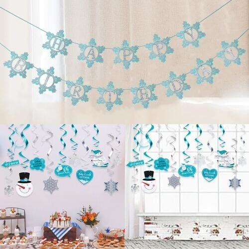 Besegad Winter Birthday Christmas Party Decoration Supplies Kit 1 Set Happy Birthday Banner+20pcs Swirls+18pcs Photo Booth Props