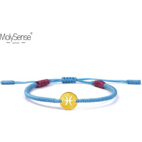 MolySense Pisces Handmade Golden Color 12 Constellation Zodiac Stainless Steel Charm Bracelets For Friends Wax Macrame Bracelets