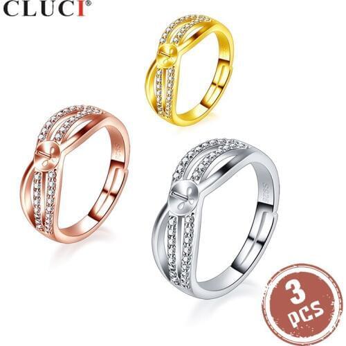 CLUCI 3pcs Silver 925 Twisted Circle Pearl Ring Mounting Jewelry Classic Sterling Silver Zircon Women Wedding Rings SR2246SB