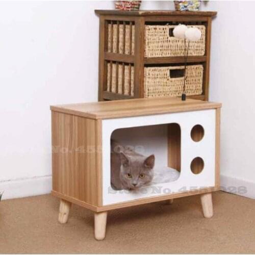 Pet Wooden Cat House Wooden Color Living Kennel with Balcony Durable Claw Board Climbing Frame Scratching Post Pet Accessories