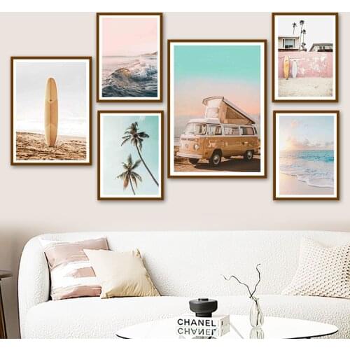Surfboard Waves Palm Van House Sea Cloud Wall Art Canvas Painting Nordic Posters And Prints Wall Pictures For Living Room Decor