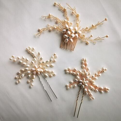 Freshwater Pearls Bridal Hair Pin Comb Rose gold color Wedding Headpiece Handmade Women Hair Jewelry