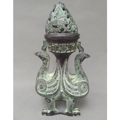 China bronze double phoenix Smoked incense burner crafts statue