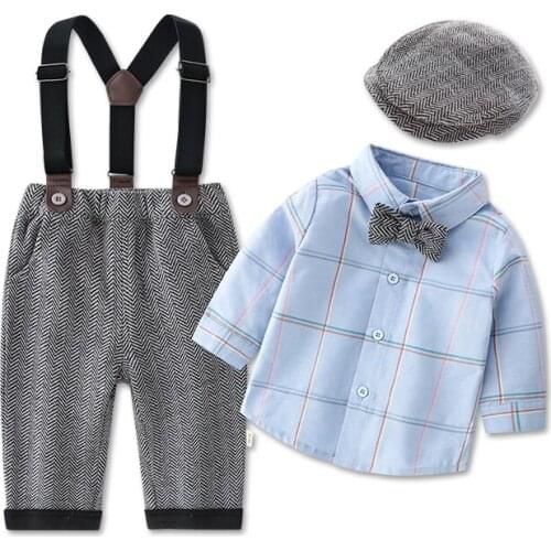 Baby BoyClothes Set,Infant Gentleman Long Sleeve+Pants+Berets Hat+Suspender+Bow Tie Outfits Suits