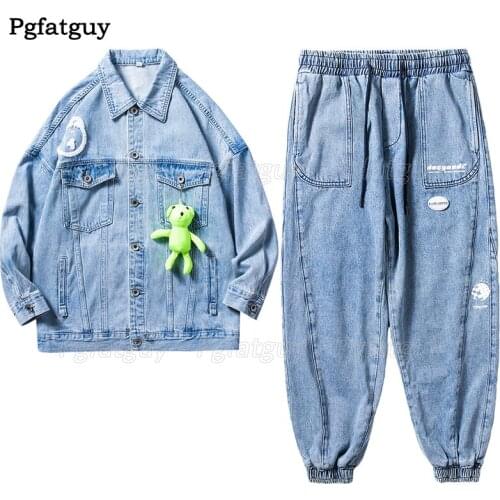 Hip Hop Style 2pcs Jeans Set Light Blue Fashion Loose Mens Sets Size M-5XL Denim Jacket and Jeans Autumn Winter Streetwear