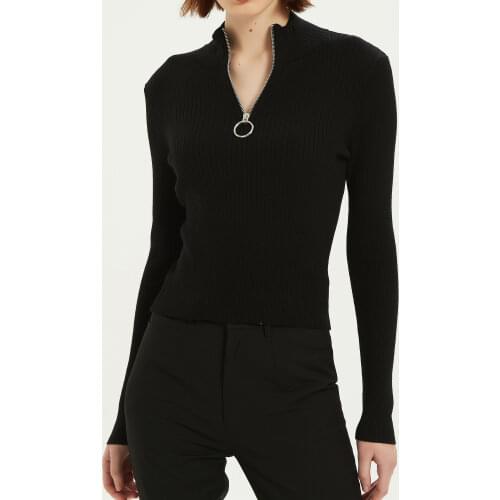 Zip Funnel Neck Sweater Cropped Rib Kitted Tops Women Long Sleeve Cotton Sweaters Pullover
