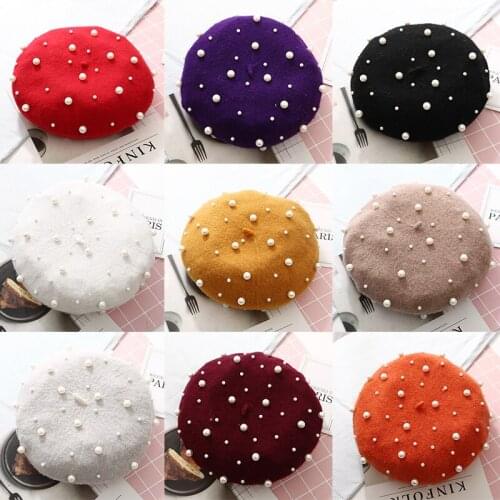 Fashion Pearl Wool Beret Hat Autumn Winter New Elegant French Cap Women Soft Warm Beading Berets Graceful Artist Painter Cap