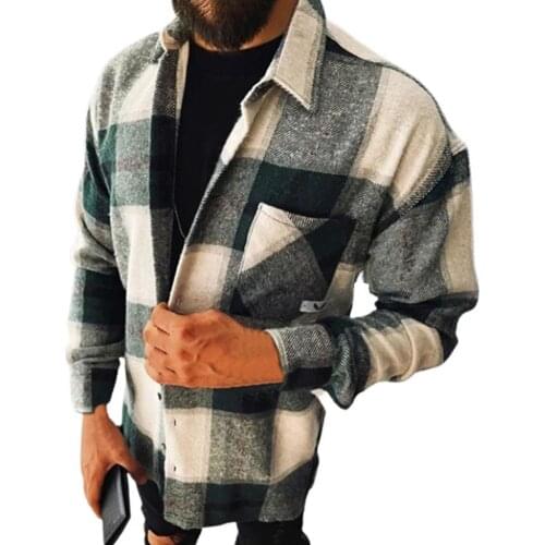 Plus Size Plaid Printed Men Shirt Coat Long Sleeve All-matched Pocket Turn-down Collar Men Shirt Male Outerwear