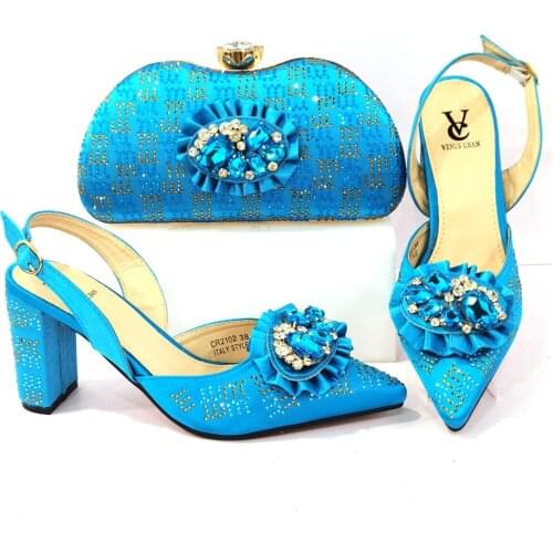 Newest Hot Selling Italian design Ladies Shoe with Match Bag High Quality African Women Shoe and Bag Set in Blue Color for Party